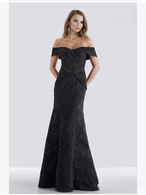 Black Strapless off shoulder Floral Jacquard Evening Gown with Jeweled Accent